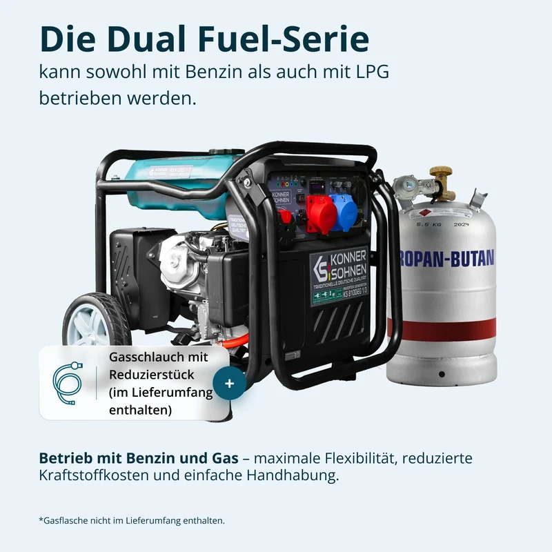 "Könner & Söhnen" Inverter-Generator KS 8100iEG 1/3 - 8kW Nennleistung (230/400V ohne Umschaltverluste abrufbar) - Benzin-/Gasmotor