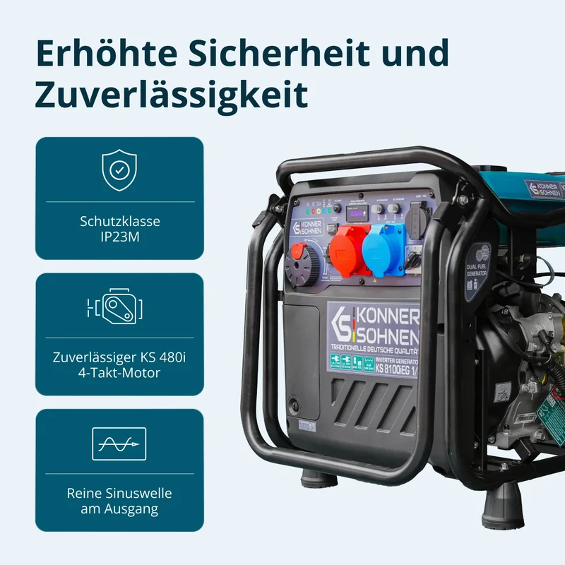 "Könner & Söhnen" Inverter-Generator KS 8100iEG 1/3 - 8kW Nennleistung (230/400V ohne Umschaltverluste abrufbar) - Benzin-/Gasmotor