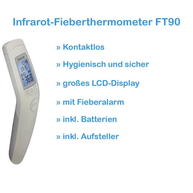 Kontaktloses Fieberthermometer FT90 von Beurer für Stirn, Fieberalarm