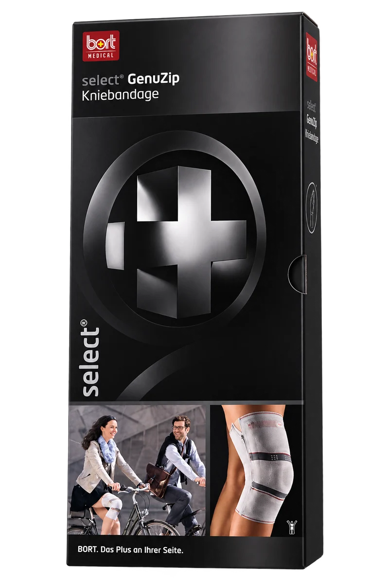 Bort select GenuZip Kniegelenkbandage, silber, links, M+