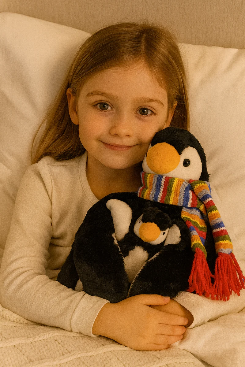 Sänger Pinguin "James" mit Körnerkissen-Baby "Jamie" mit 0,8 Liter Gummi-Wärmflasche & Kirschsteinfüllung