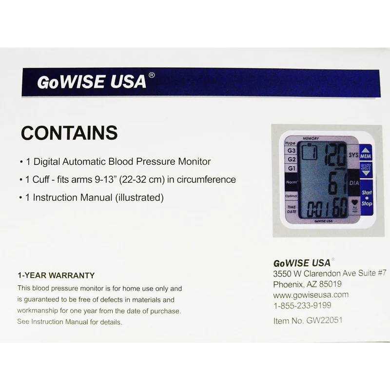 GoWISE USA GW22051 Digital Blood Pressure Monitor