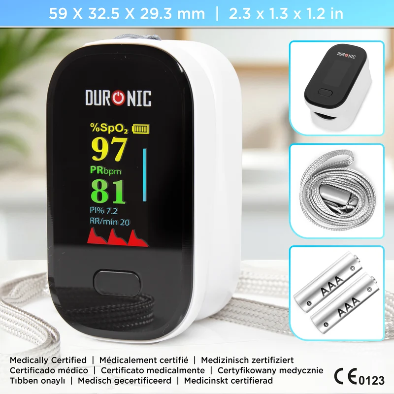 Duronic OX02 Pulsoximeter, Messen von Sauerstoffsättigung (SpO₂) im Blut, Oximeter für Zuhause, Pulsoximeter für schmerzfreie Anwendung am Finger