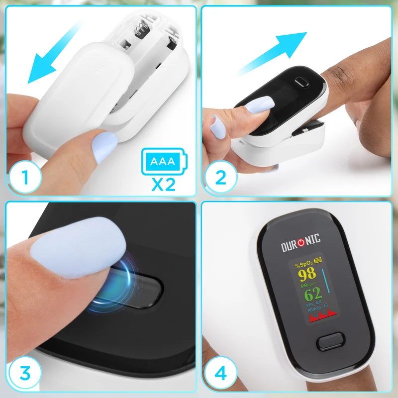 Duronic OX02 Pulsoximeter, Messen von Sauerstoffsättigung (SpO₂) im Blut, Oximeter für Zuhause, Pulsoximeter für schmerzfreie Anwendung am Finger