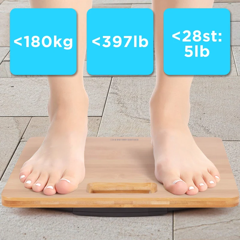 Duronic BS503 Personenwaage aus Bambus Holz | Digitale Waage bis 180 kg | Gewichtswaage mit Hochpräzisions-Sensoren und Step-On Technik | Flache Gewichtswaage 28 x 28 cm | Badezimmerwaage Digitalwaage