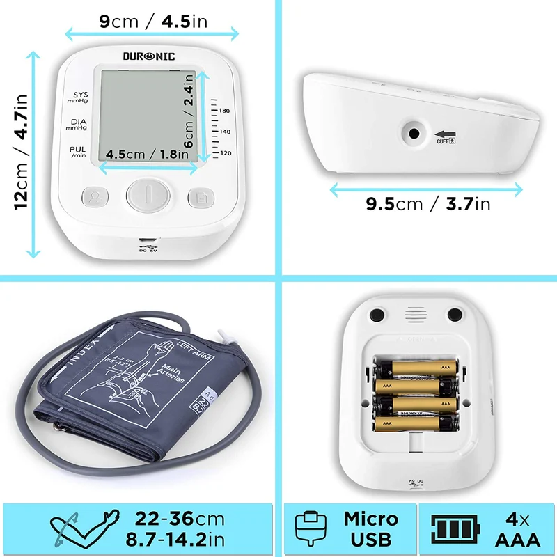 Duronic BPM200 Digitales Oberarm-Blutdruckmessgerät | Arhythmie Erkennung | Manschette 22-36 cm | Automatische Blutdruckmessung | Blutdruckmesser mit Herzrhythmusstörung Funktion | AAA Batterien