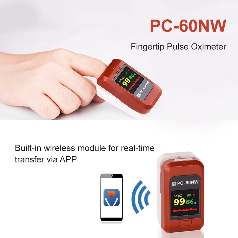 Lepu Fingertip Pulse Oximeter Digital Blood Oxygen Meter Color OLED PC-60NW for Kid Adult Android iPhone with Lanyard Wireless Bluetooth Connection