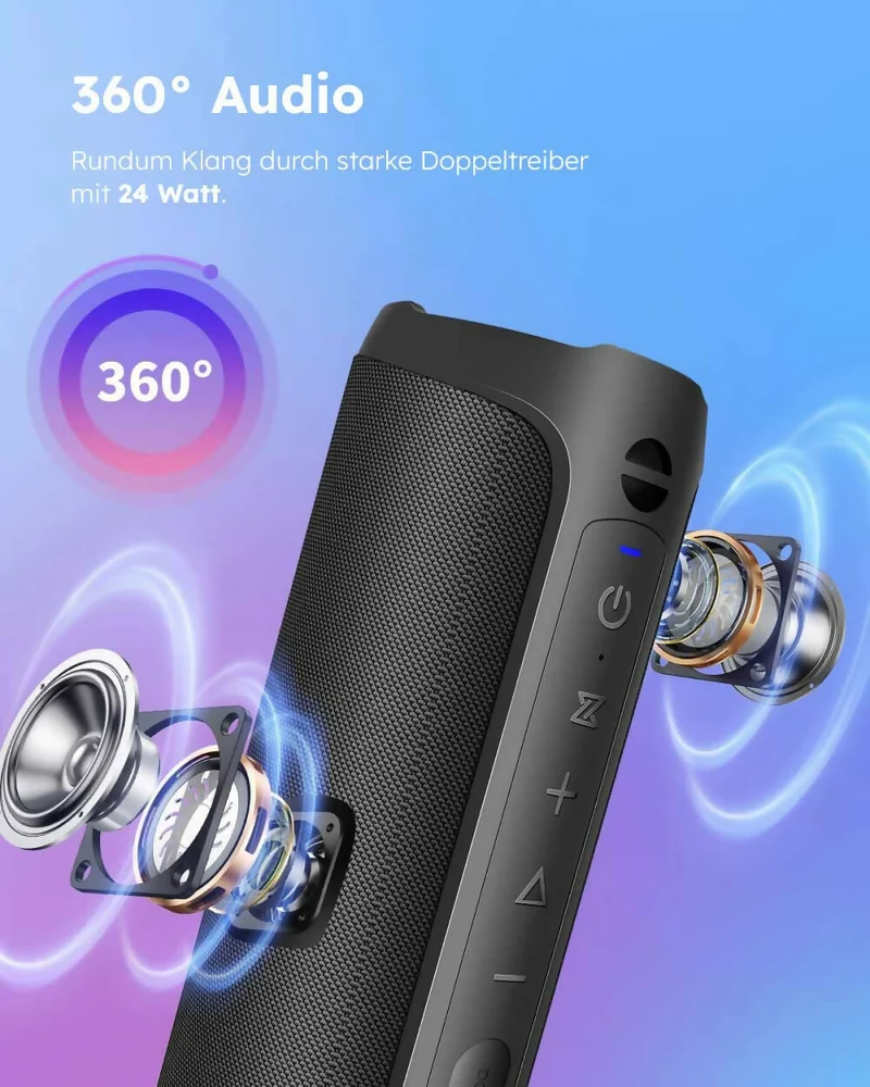 Bluetooth Lautsprecher Pro / Kraftvoller Stereo Sound / IPX7 Wasserdicht / Freisprechfunktion / Optionales LED Licht / 20h Akkulaufzeit