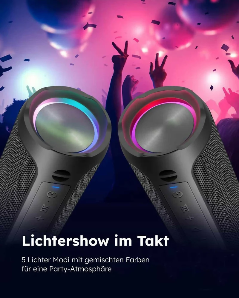 Bluetooth Lautsprecher Pro / Kraftvoller Stereo Sound / IPX7 Wasserdicht / Freisprechfunktion / Optionales LED Licht / 20h Akkulaufzeit