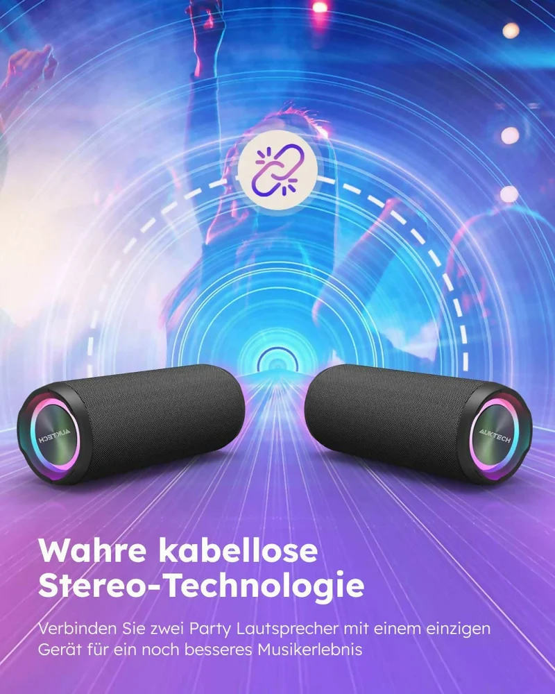 Bluetooth Lautsprecher Pro / Kraftvoller Stereo Sound / IPX7 Wasserdicht / Freisprechfunktion / Optionales LED Licht / 20h Akkulaufzeit