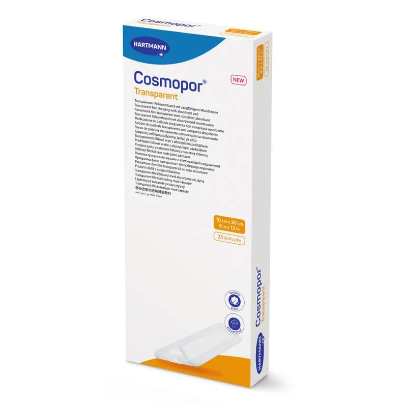 Cosmopor Transparent Film Dressing With Absorbent Pad, 10 cm x 30 cm, 25 Pieces / Box