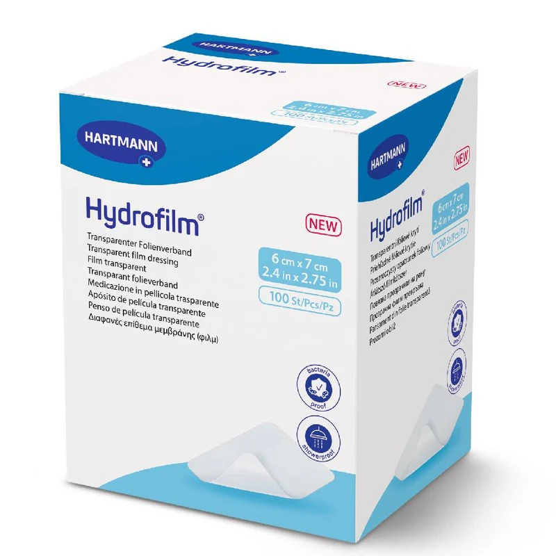 Hydrofilm Transparent Film Dressing, Bacteria Proof, Shower Proof, 6 cm x 7 cm, 100 Pieces