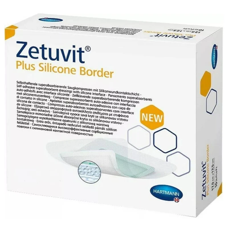 Zetuvit Plus Silicone Border Self Adhessive Super-Absorbent With Silicone Interface, 10 cm x 10 cm, 10 Pieces / Box