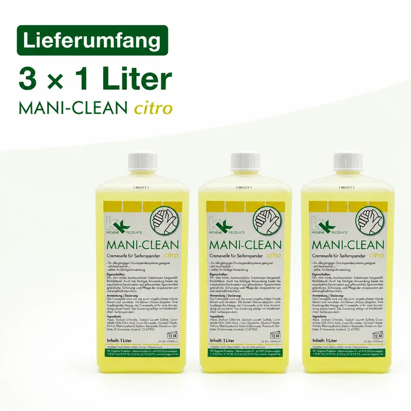 KK Mani-Clean Citro | Cremeseife | Seife | Handwaschseife | 3 x 1 Liter Euroflasche