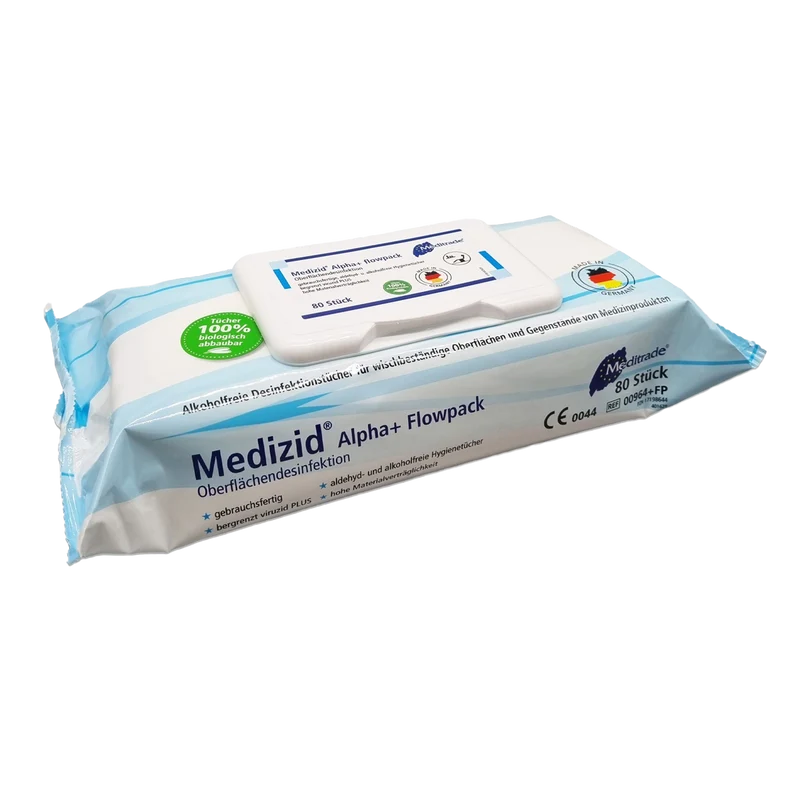 Meditrade Medizid® Alpha+ Flowpack | Alkoholfreie Desinfektionstücher | 80 Tücher