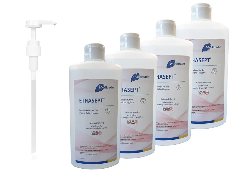 Händedesinfektion 4 x 500 ml Flasche + 1 x Dosierpumpe | Meditrade Ethasept | Hand Desinfektion |