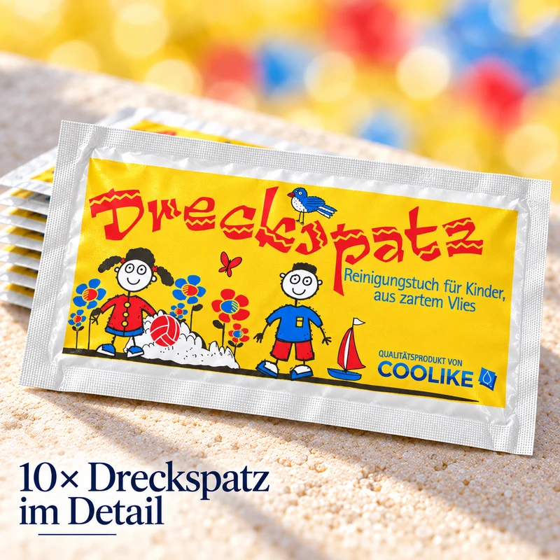 Erfrischungstuch "Dreckspatz" aus Vlies | 10 Stück | Für Kinder | Mit Kirschduft