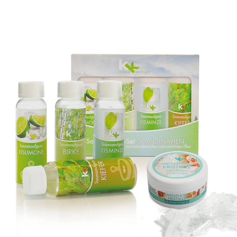 KK Saunaaufguss Set Skandinavien | 4 x 100 ml/Flasche inkl.Mentholkristalle 50 g Dose