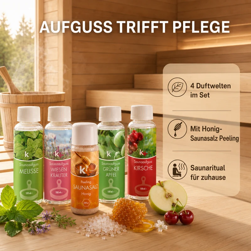 KK Saunaaufguss Set Altes Land | Saunakonzentrat | 4 x 100 ml/Flasche + 200g Sauna Salz |