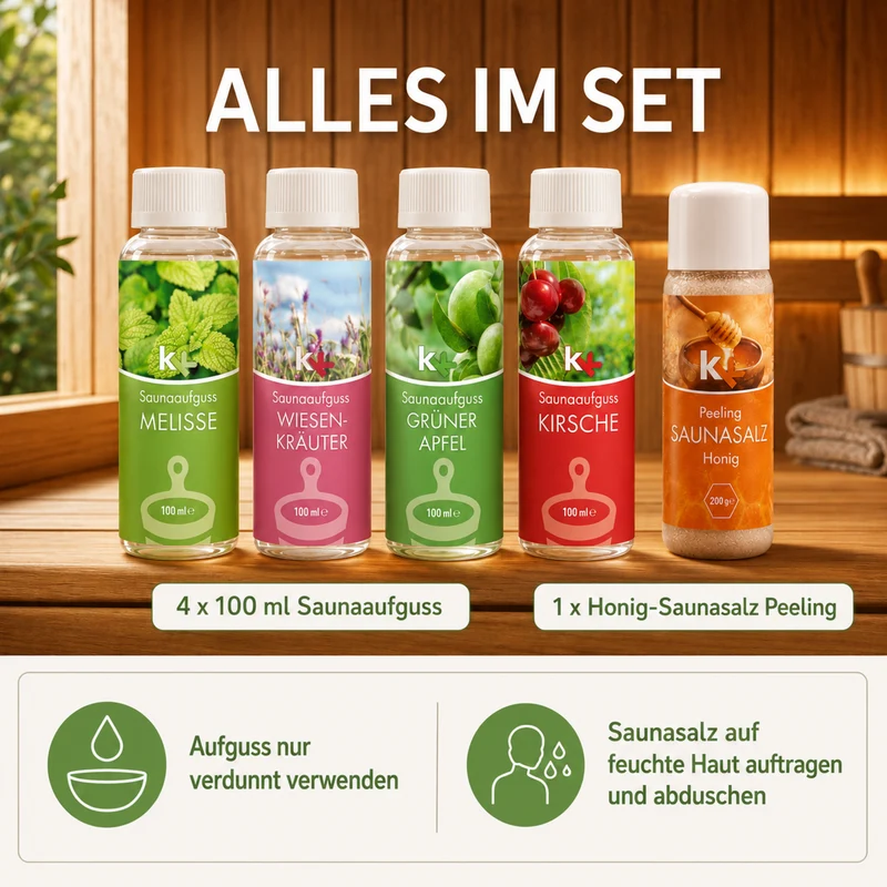 KK Saunaaufguss Set Altes Land | Saunakonzentrat | 4 x 100 ml/Flasche + 200g Sauna Salz |
