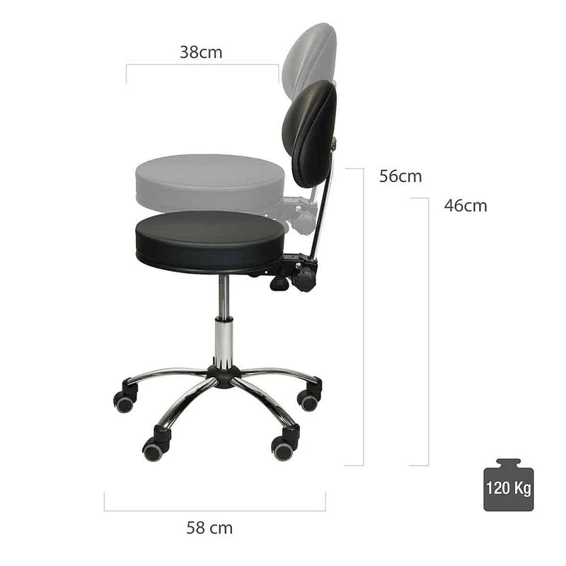 Tabouret met Rugleuning op Wielen – Zwart – In Hoogte Verstelbaar