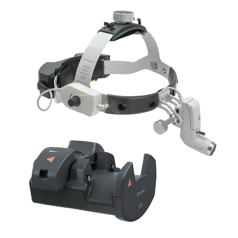HEINE ML4 LED Voorhoofdlamp met Professionele L-Hoofdband, EN 50 UNPLUGGED Wandoplader & 2x mPack UNPLUGGED (Set)
