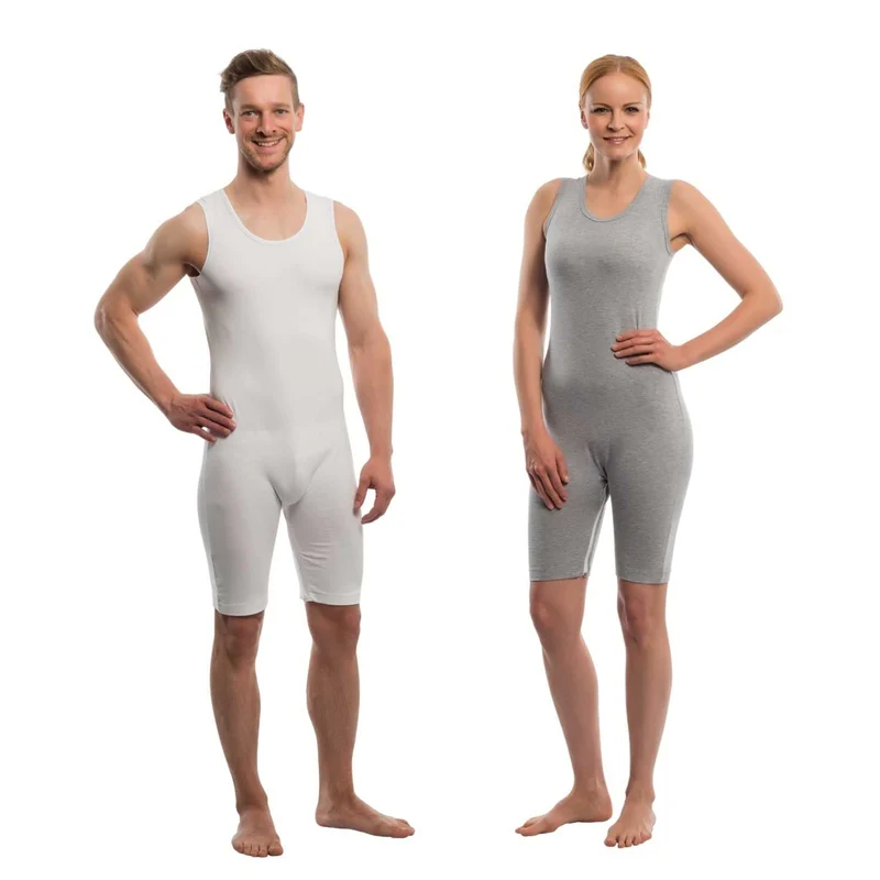 Suprima 4698, Pflegebody BW/Lycra ohne Arm, kurzem Bein, Bein-RV, unisex - weiß & grau, Gr. S-XXL