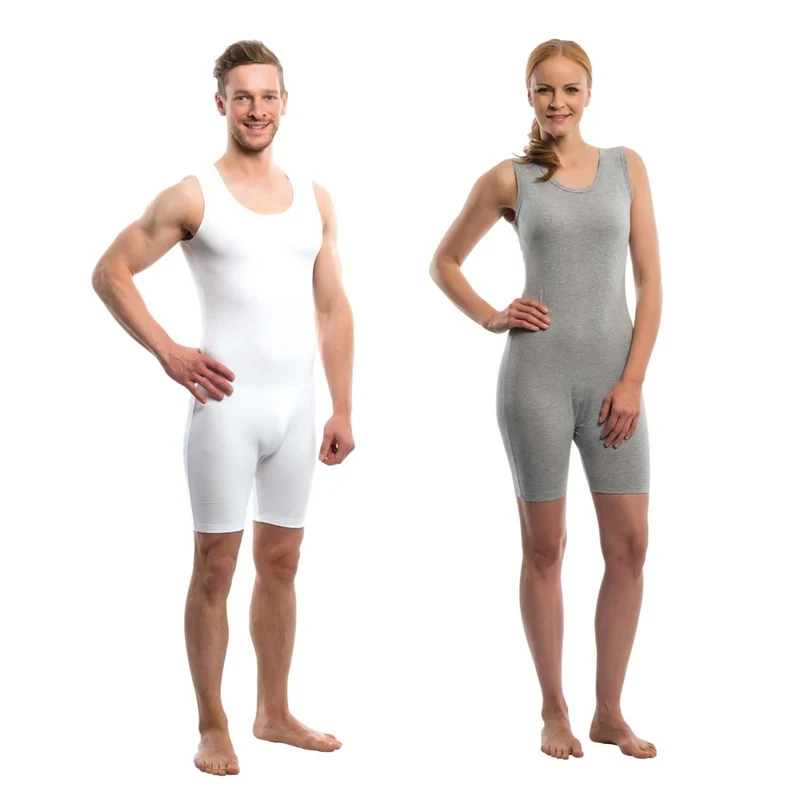 Suprima 4696, Pflegebody BW/Lycra, Armlos, Bein kurz, schräger Rücken-RV - weiß & grau, Gr. S-XXL
