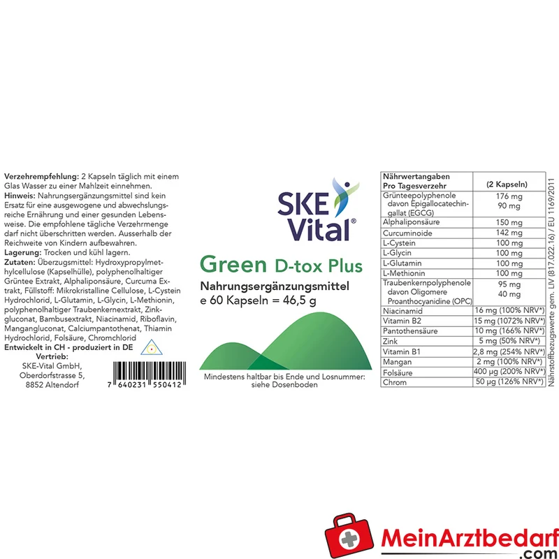 SKE Vital Green D-tox Plus Grüntee, R-Alpha-Liponsäure, Curcuma Kapseln 60 Stück