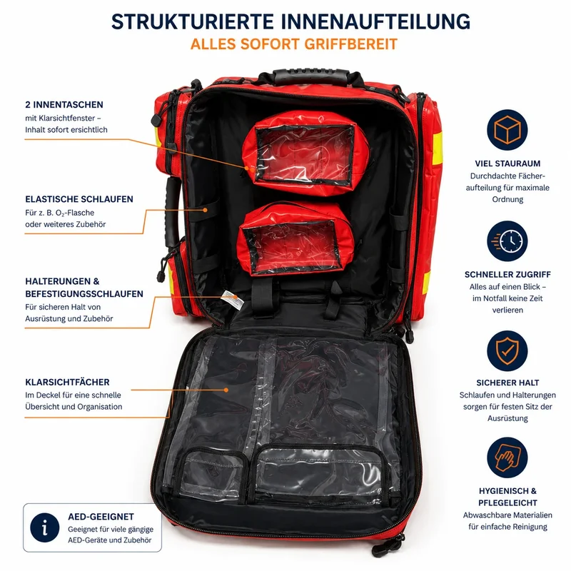 AED-Notfallrucksack Größe M, rot, mit Reflektoren