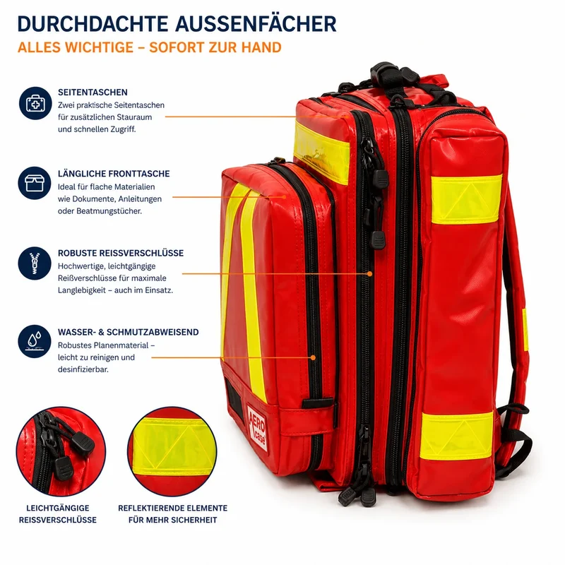 AED-Notfallrucksack Größe M, rot, mit Reflektoren