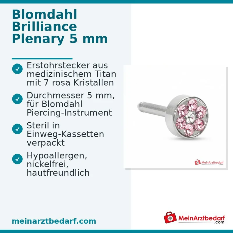 Blomdahl Erstohrstecker Brilliance Plenary Titan, 7 Kristalle rosa, 5 mm, 10 Stk.