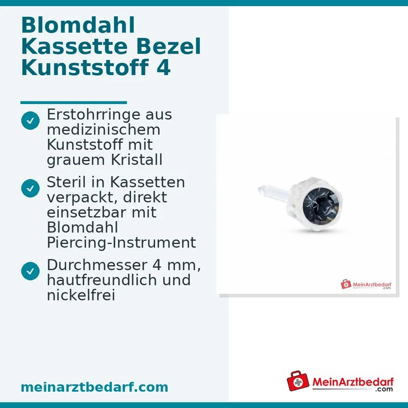 Blomdahl Erstohrstecker Bezel Kunststoff grau mit Kristall, 4 mm, 10 Stk.