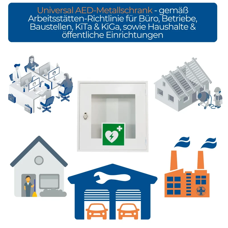 FAP Universal AED Metallschrank, leer, für Defibrillatoren, mit Sichtfenster & Schloss, ohne Alarm