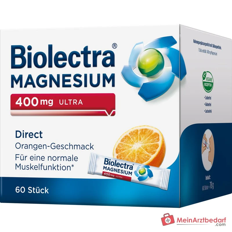 Biolectra Magnesium 400 mg ultra Direct Magnesiumoxid Micro-Pellets Orangengeschmack, 60 Sticks