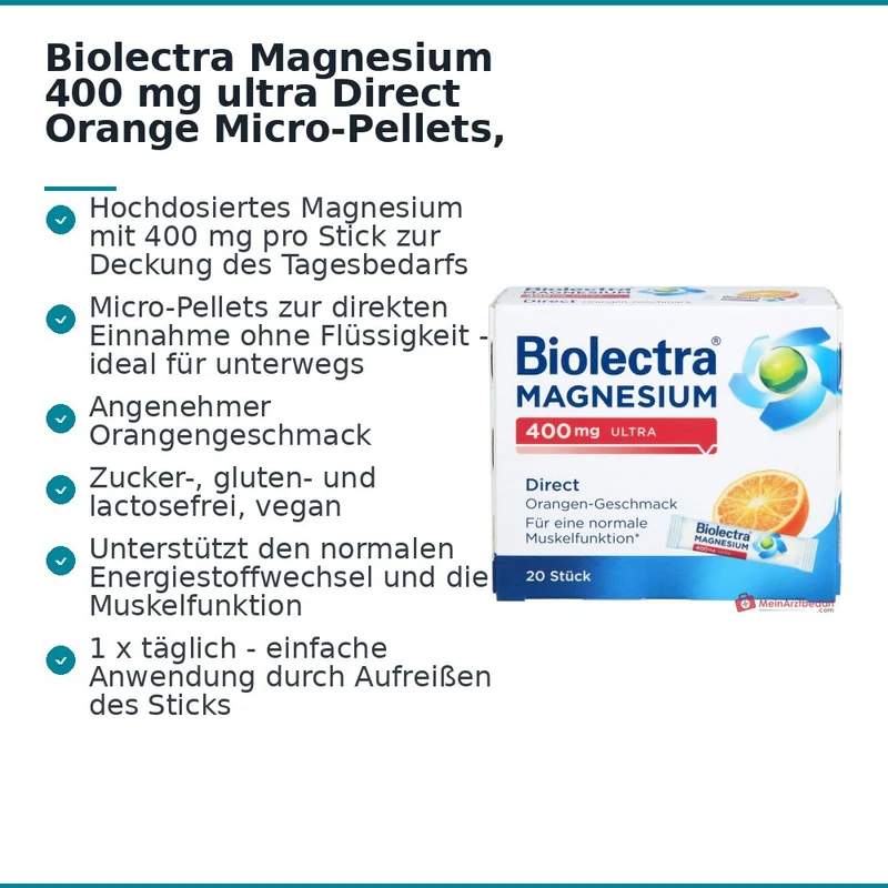 Biolectra Magnesium 400 mg Ultra Direct Orange Magnesiumoxid Micro-Pellets, 20 Sticks