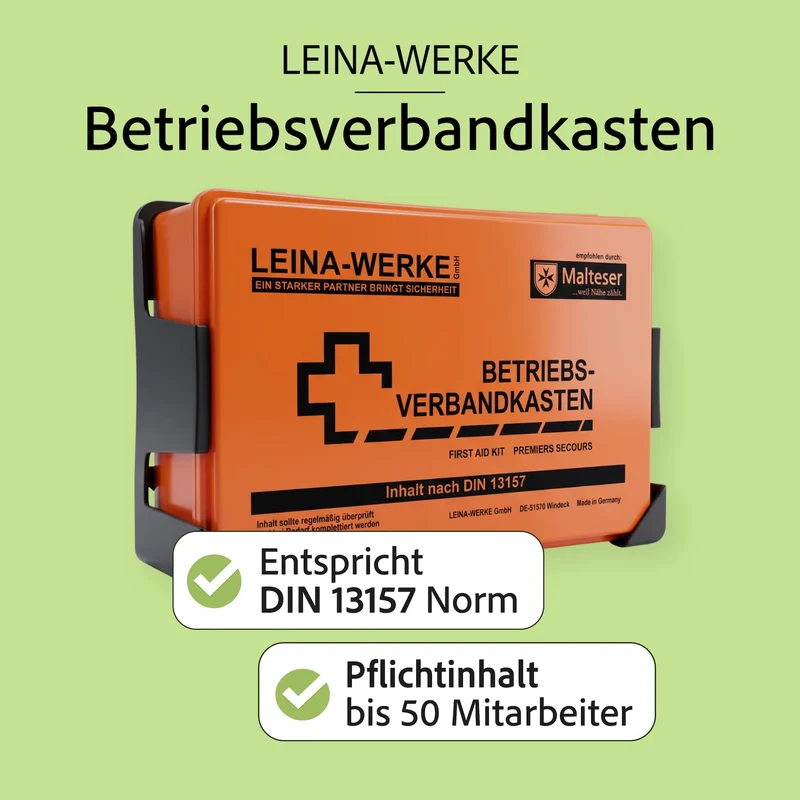 Leina-Werke Verbandkasten klein, orange, gefüllt mit DIN 13157, inkl. Wandhalterung