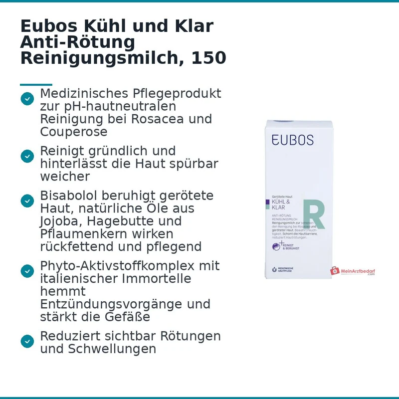 Eubos Kühl und Klar Anti-Rötung Reinigungsmilch Bisabolol / Jojobaöl / Hagebuttenkernöl / Pflaumenkernöl / Italienische Immortelle Reinigungsmilch, 150 ml