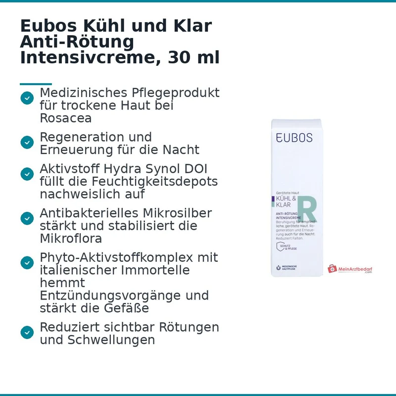 Eubos Kühl und Klar Anti-Rötung Intensivcreme Hydra Synol DOI / Mikrosilber / Italienische Immortelle Creme, 30 ml