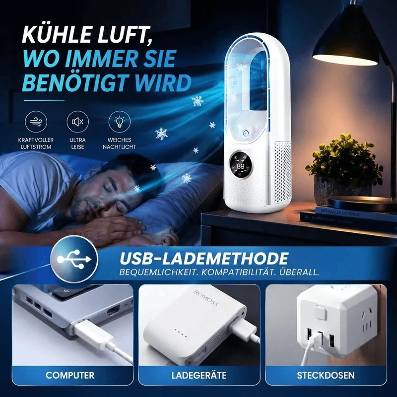Leiser Turmventilator ohne Rotorblätter | Kompakter Tischventilator mit 6 Modi für Büro & Schlafzimmer | Flüsterkühl