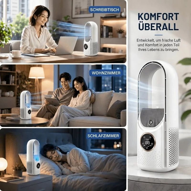 Leiser Turmventilator ohne Rotorblätter | Kompakter Tischventilator mit 6 Modi für Büro & Schlafzimmer | Flüsterkühl