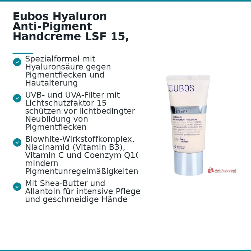 Eubos Hyaluron Anti-Pigment Handcreme LSF 15 Hyaluronsaeure / Vitamin C / Vitamin E / Coenzym Q10 / Niacinamid / Biowhite Creme, 50 ml