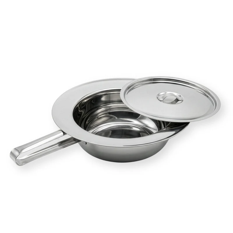 Stechbecken aus Edelstahl mit Griff u. Deckel, Bettpfanne