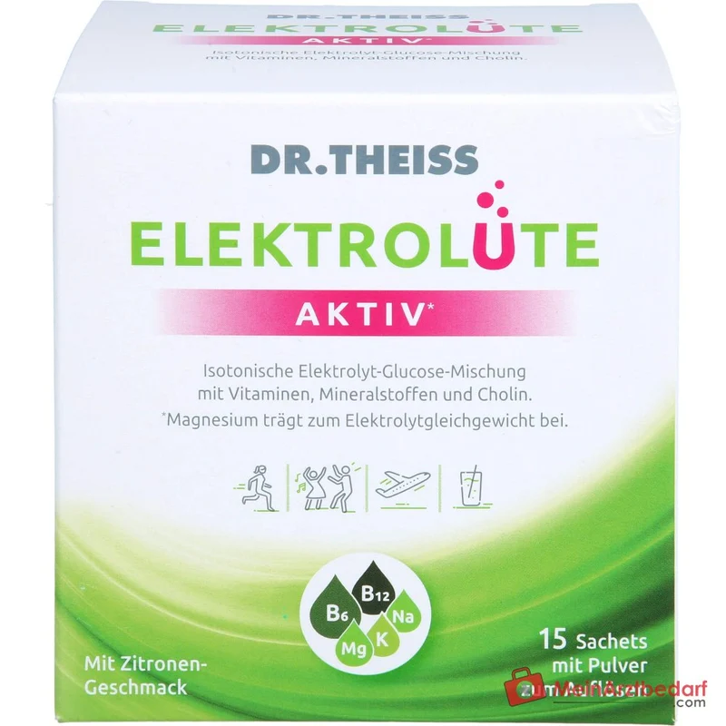 Dr. Theiss Elektrolüte Aktiv Glucose / Vitamin C / Vitamin B6 / Vitamin B12 / Niacin / Magnesium / Kalium / Natrium / Cholin Pulver, 15 Beutel