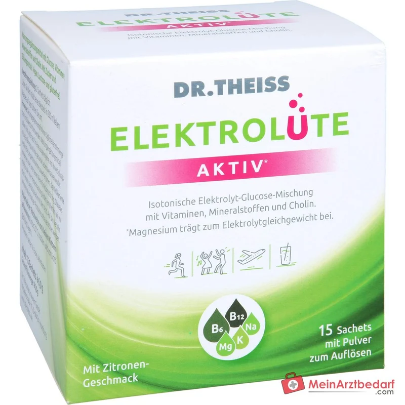 Dr. Theiss Elektrolüte Aktiv Glucose / Vitamin C / Vitamin B6 / Vitamin B12 / Niacin / Magnesium / Kalium / Natrium / Cholin Pulver, 15 Beutel