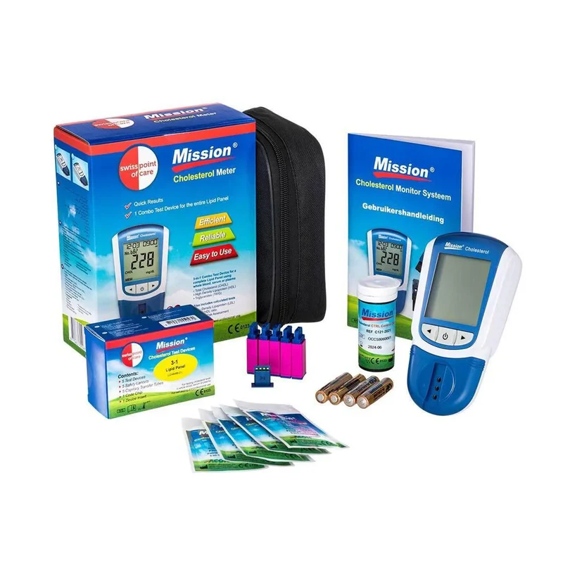 Acon Mission® Cholesterolmeter complete startset + 5 teststrips + 5 prikpennen + etui