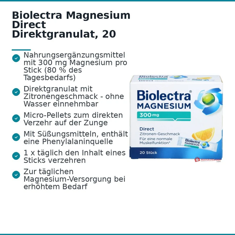 Biolectra Magnesium Magnesiumoxid Direktgranulat mit Zitronengeschmack, 20 Sticks