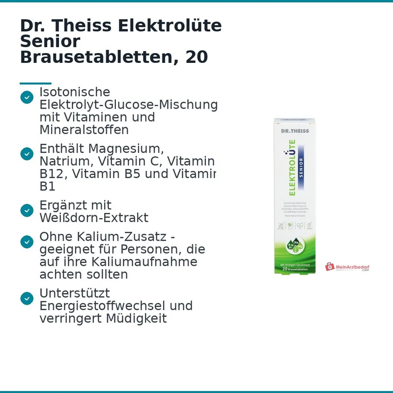 Dr. Theiss Elektrolüte Senior Magnesium / Natrium / Vitamin C / Vitamin B12 / Vitamin B5 / Vitamin B1 / Glucose / Weißdorn-Extrakt Brausetabletten, 20 St.