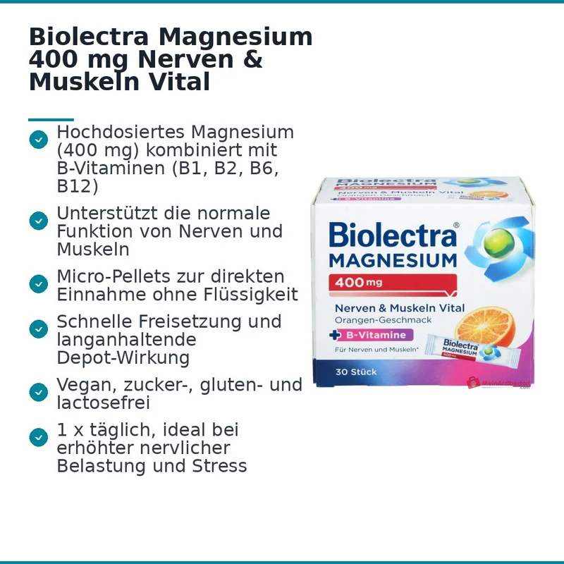 Biolectra Magnesium 400 mg Nerven & Muskeln Vital Magnesium / Vitamin B1 / Vitamin B2 / Vitamin B6 / Vitamin B12 Micro-Pellets, 30 Sticks