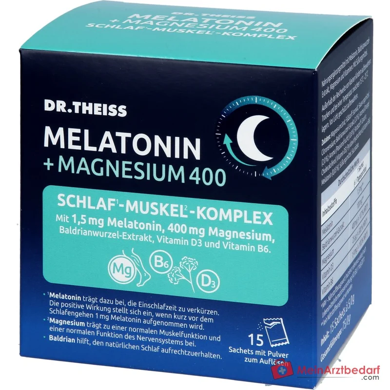 Dr. Theiss Melatonin / Magnesium / Baldrian / Vitamin D3 / Vitamin B6 Schlaf-Komplex Pulver, 15 Stück